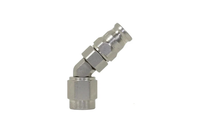 Speedflow Hose end fittings to suit Teflon inner, stainless braided hose (200 series), Steel. 45 Degrees.