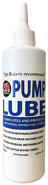 A bottle of Pump Lube lubricant with a white and blue label, including the brand name and product information.