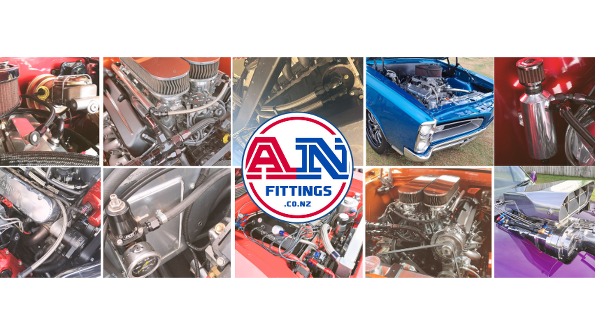 Collage of engine parts, hoses and fittings with A&N Fittings logo in the center