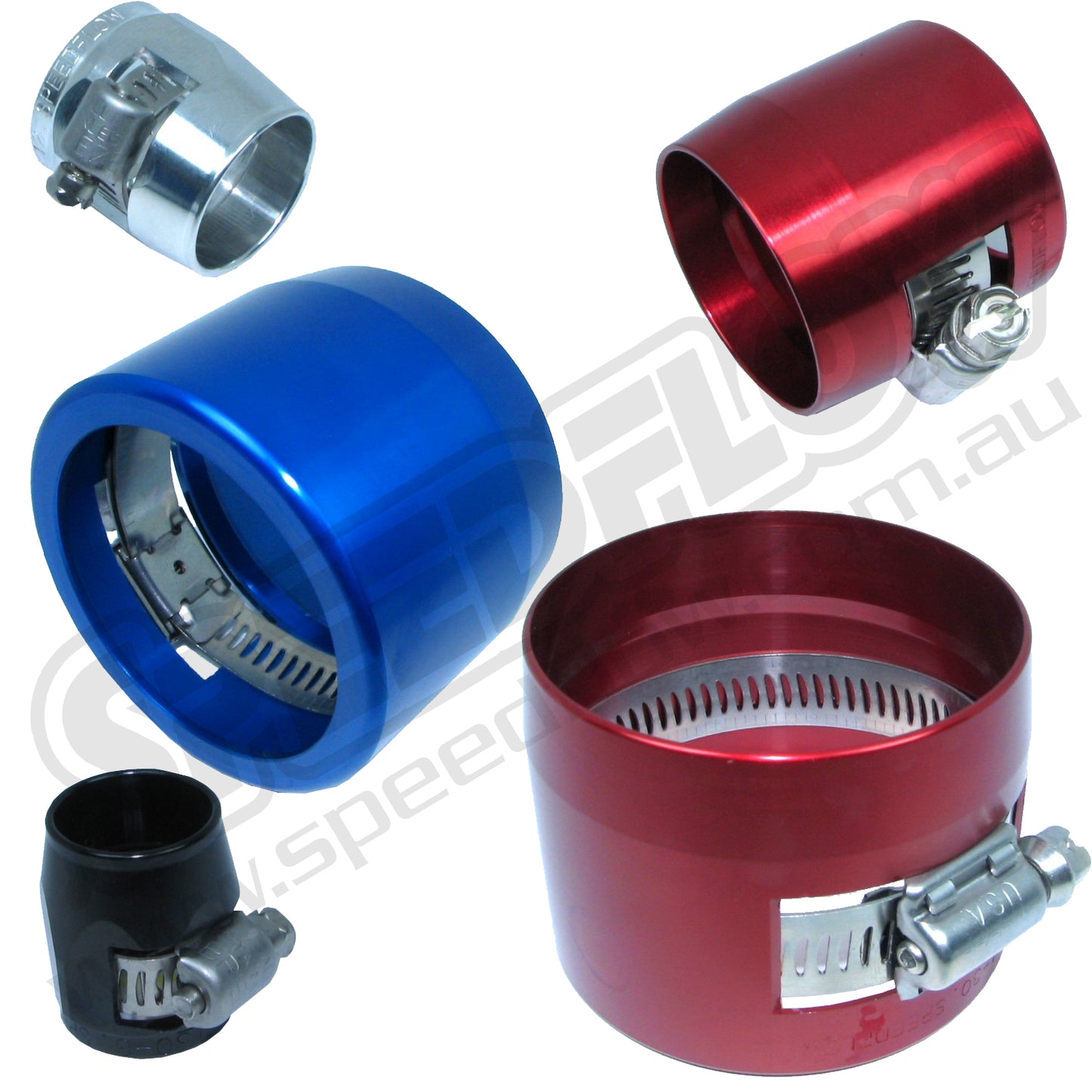 Speedflow cover clamps in Black, Blue, Red and silver