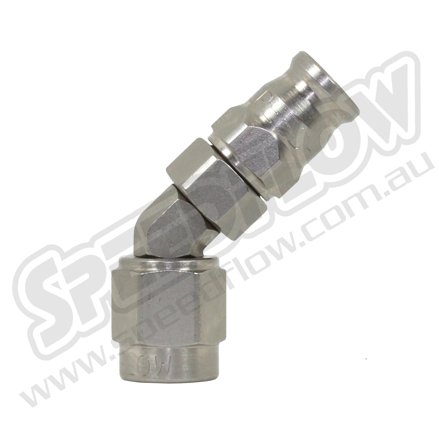 Speedflow Hose end fittings to suit Teflon inner, stainless braided hose (200 series), Steel. 45 Degrees. 