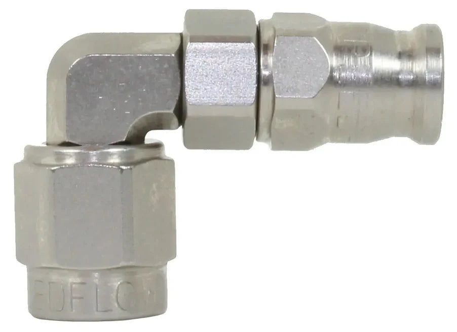 Speedflow Hose end fittings to suit Teflon inner, stainless braided hose (200 series), Steel. 90 Degrees.