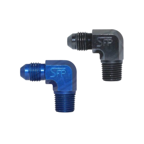 Speedflow 90 Degree AN Male to NPT Adapters in Black and Blue