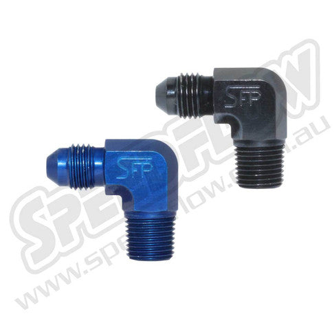 Speedflow 90 Degree AN Male to NPT Adapters in Black and Blue